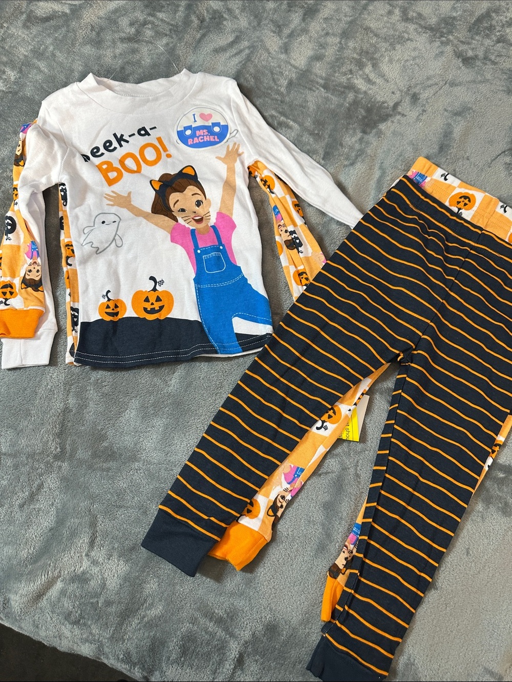 NWT Ms. Rachel Kids Halloween Peek-a-Boo PJ Set - Orange & Navy 4 pc set Sz 3T